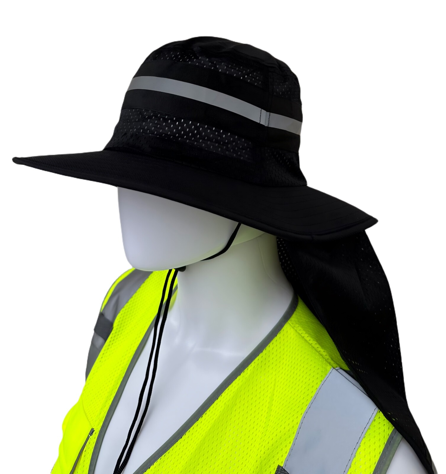 Hi Vis Reflective Work Safety Neck Flap Boonie Hat Black Bucket Cap