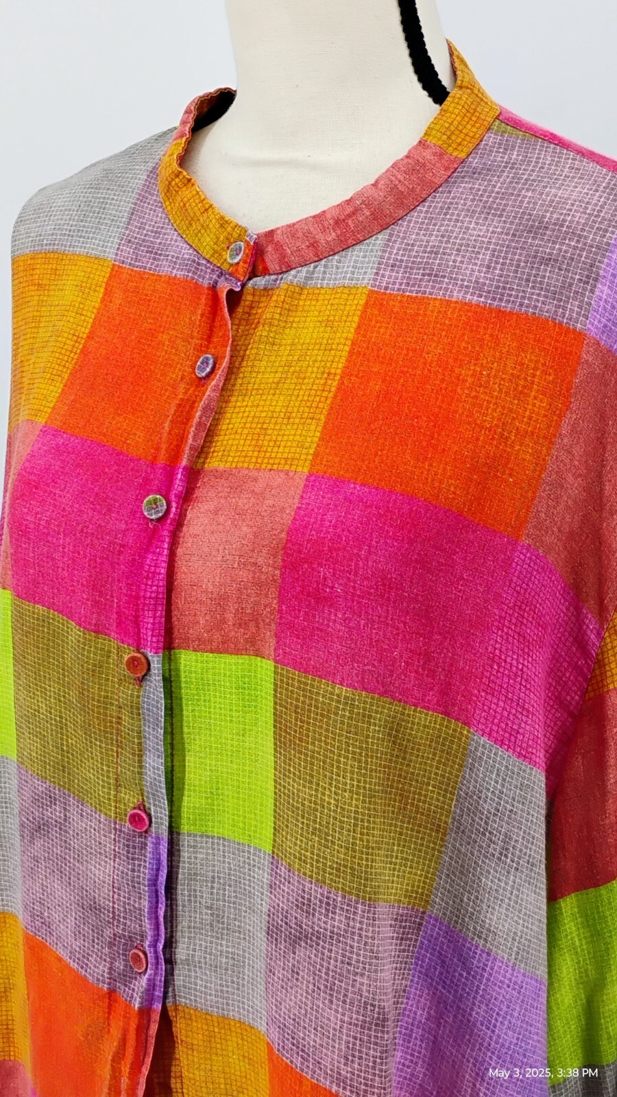 Buykud Irregular Plaid 100% Ramie Button Blouse Shirt Colorful Long Sleeve XL