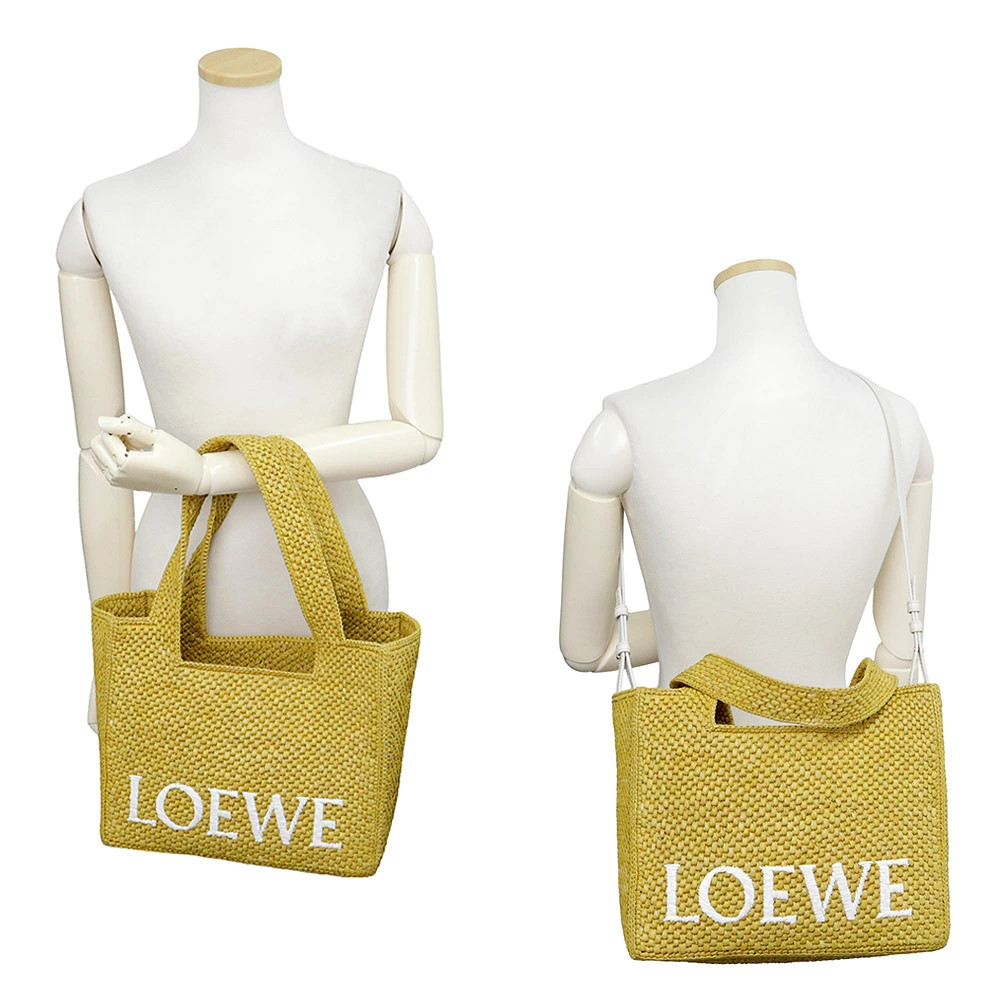 LOEWE Font Medium Oak Yellow A685B61X01 Tote Raffia / Calfskin Unisex #BCB1941