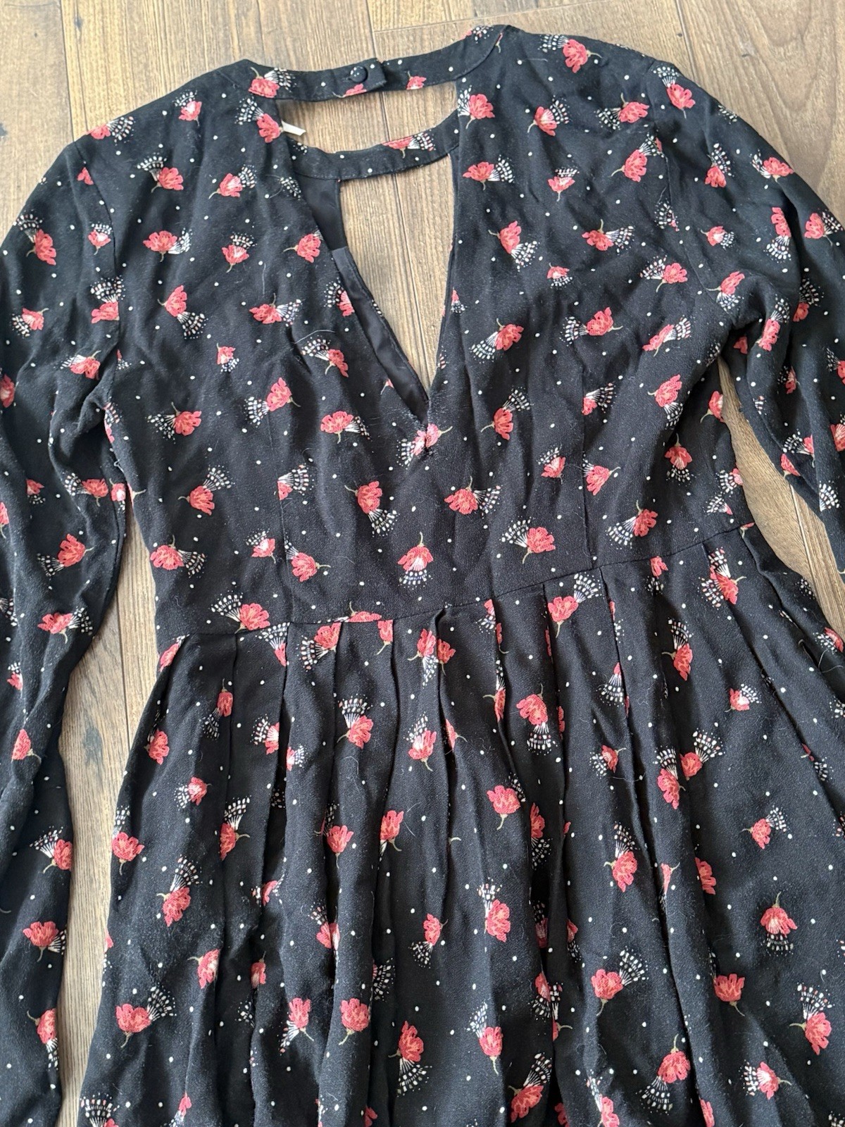 Free People Tegan Black Floral V-Neck Mini Dress Sz 0 Spring Date Party Boho EUC