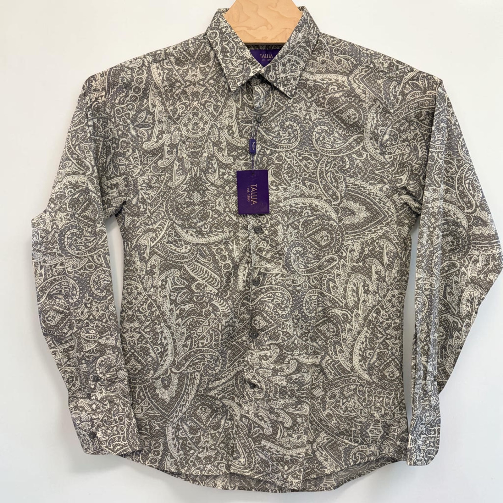Tallia Mens Dress Shirt Med 15.5 Paisley Design Gray Multi Long Sleeve NWT