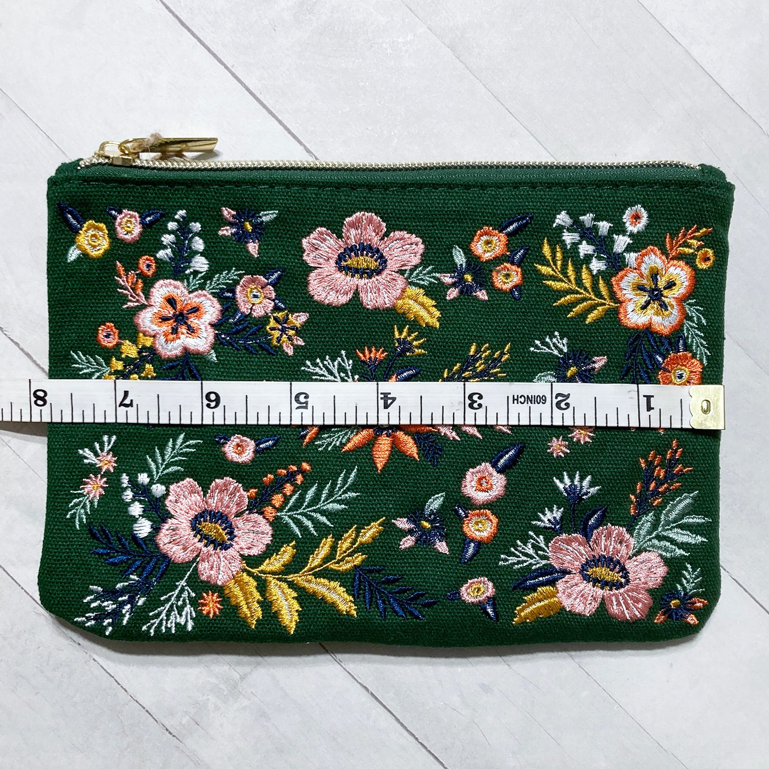 Embroidered Flower Zipper Pouch Cosmetic Bag Travel 7.75″ Green Molly & Rex