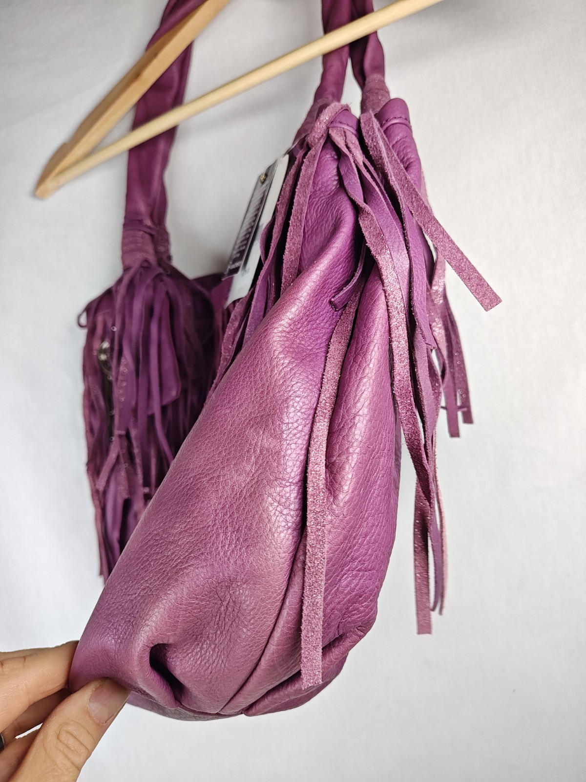 ​B. Makowsky Cabernet Purple Leather Fringe Tote Bag Hobo Purse NWT A212792