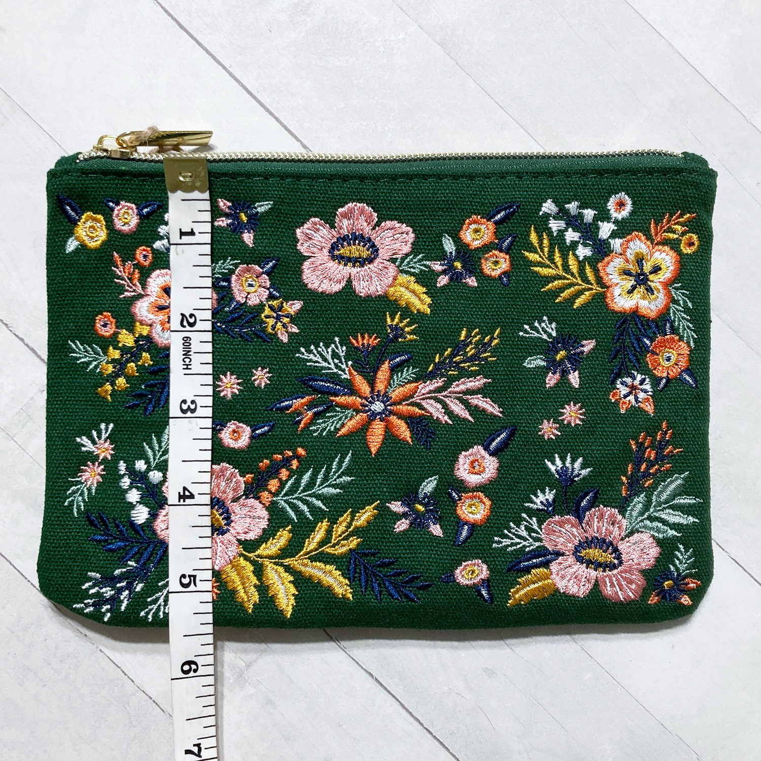 Embroidered Flower Zipper Pouch Cosmetic Bag Travel 7.75″ Green Molly & Rex