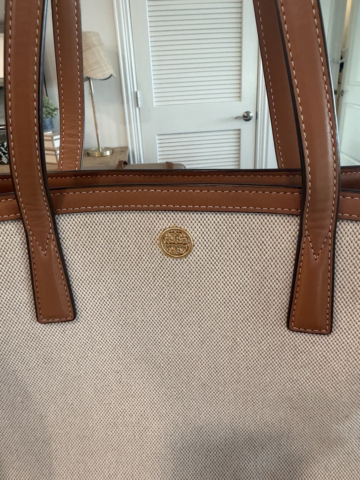 Tory Burch Striped Tote Bag Beige/Brown Zip Closure Adjustable Detachable Strap