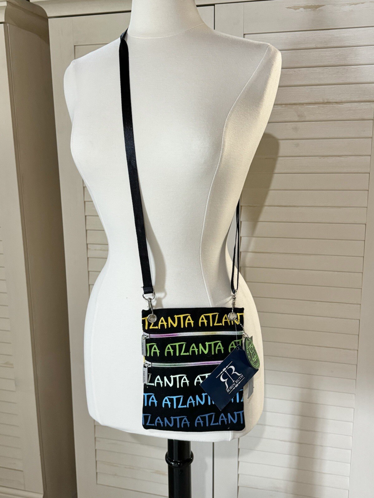 Robin Ruth Atlanta Crossbody Bag Black with Yellow Green Blue Letters NWT