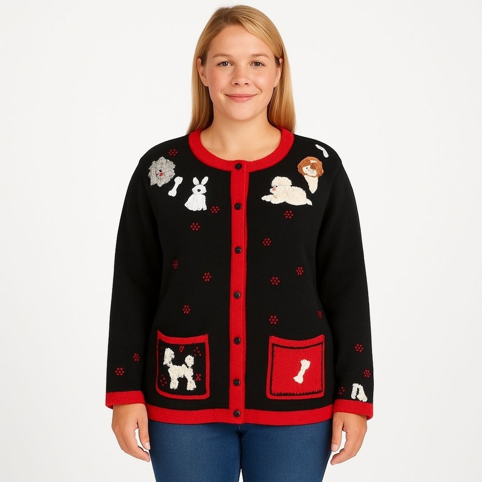 Quacker Factory Vintage Dog Lovers Cardigan Sweater Poodle Shih Tzu Pit Bull Ter