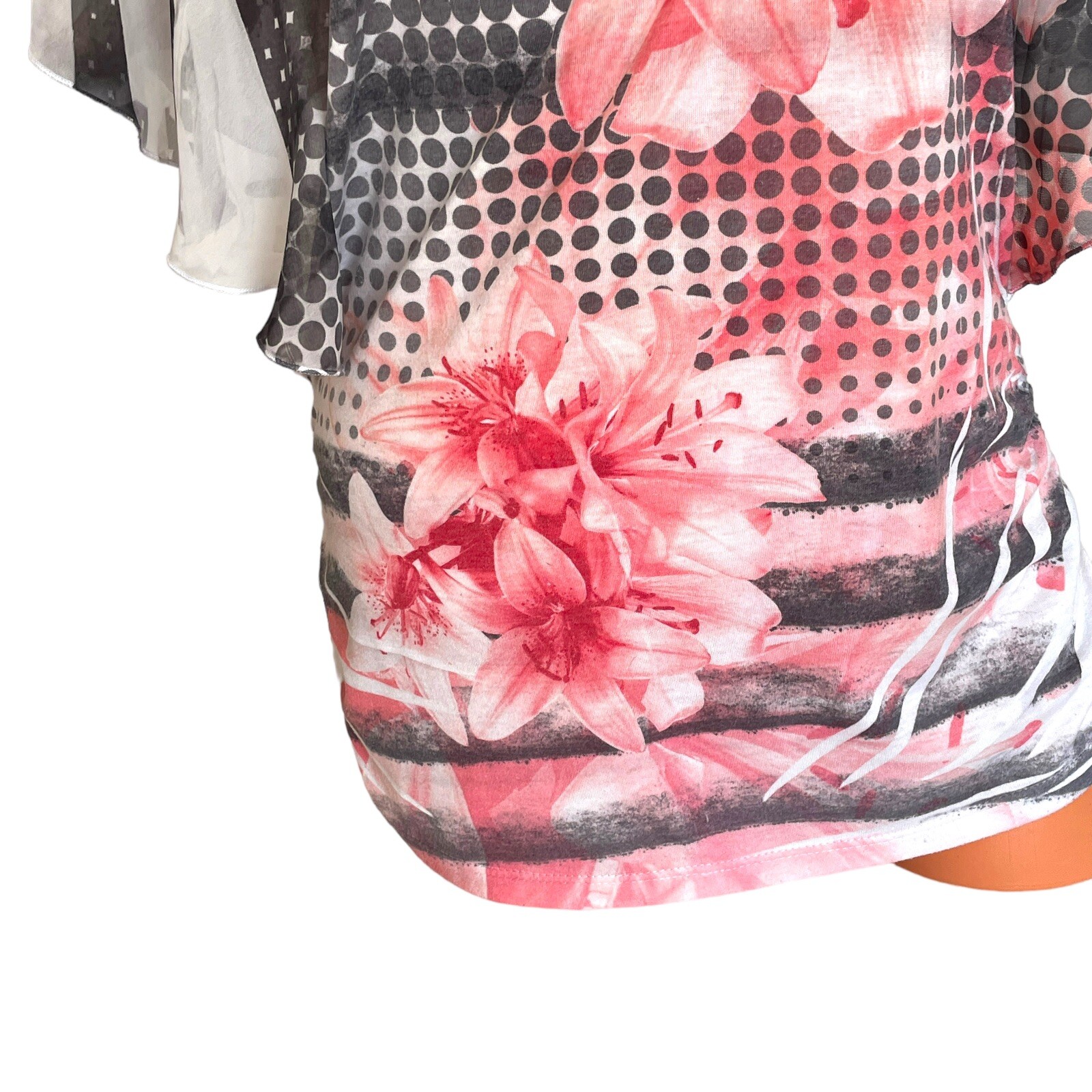 Espresso Sz L Flutter Sleeves Summer Floral Print Pink Gray White Top