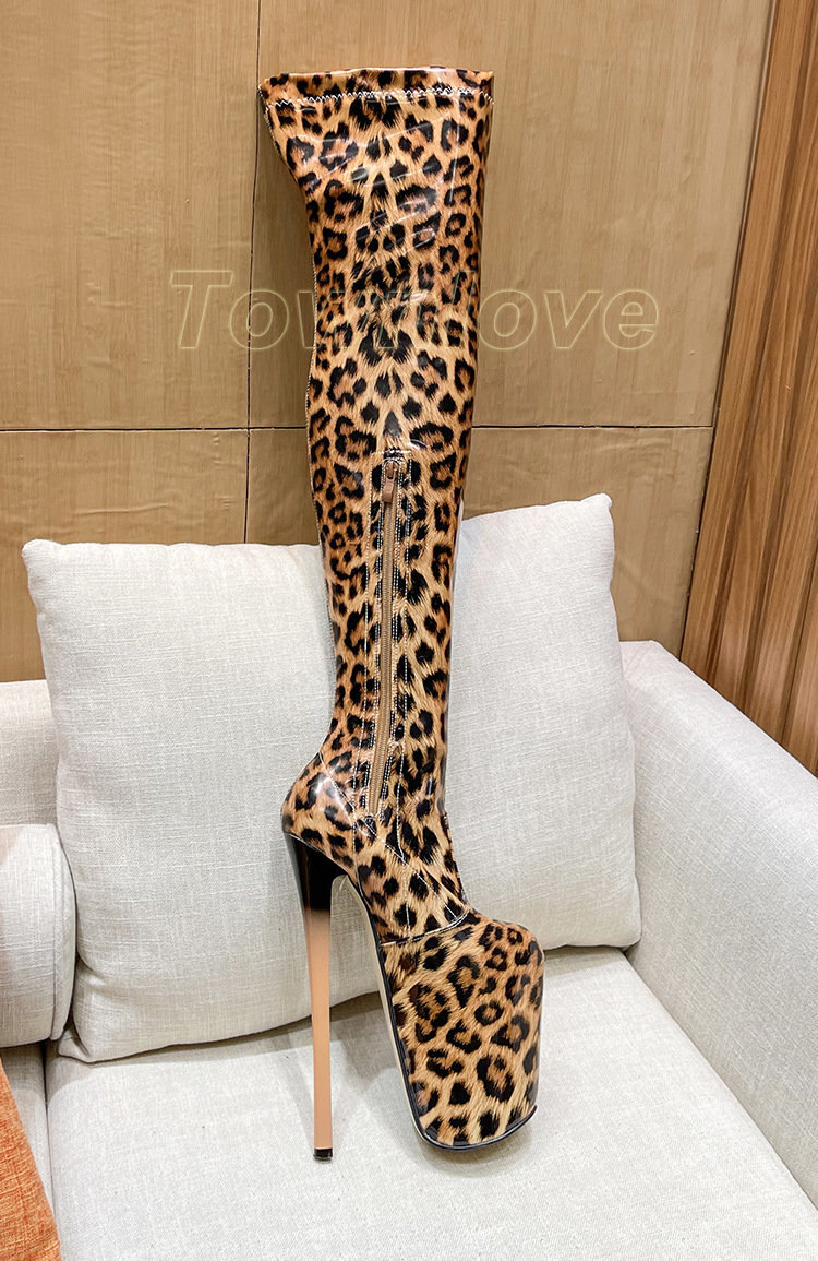 Womens Leopard 19CM Ultra High Heel Platform Zip Over Knee Thigh High Boots US14