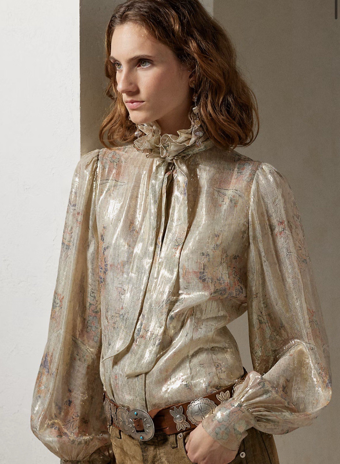 Ralph Lauren Collection Puff Sleeve Blouse Lurex Dress Shirt Tie Neck Silk 10 M