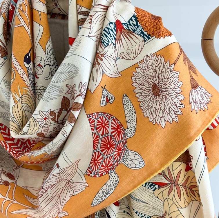 Double Face 70% Cashmere 30% Silk Scarf Square Shawl 53″ Orange Large Wrap