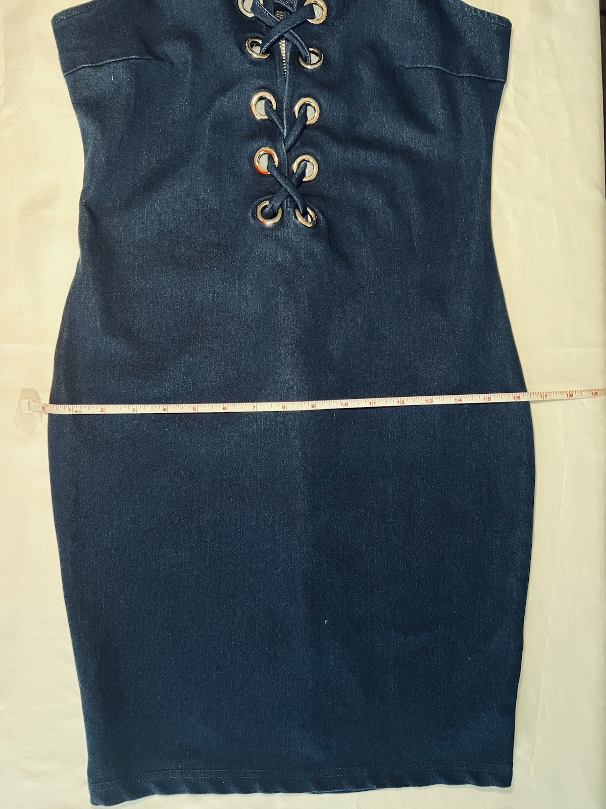Blue Denim Solid Scoop Neck Sleeveless Bodycon Dress Lace-Up Grommet Zip S