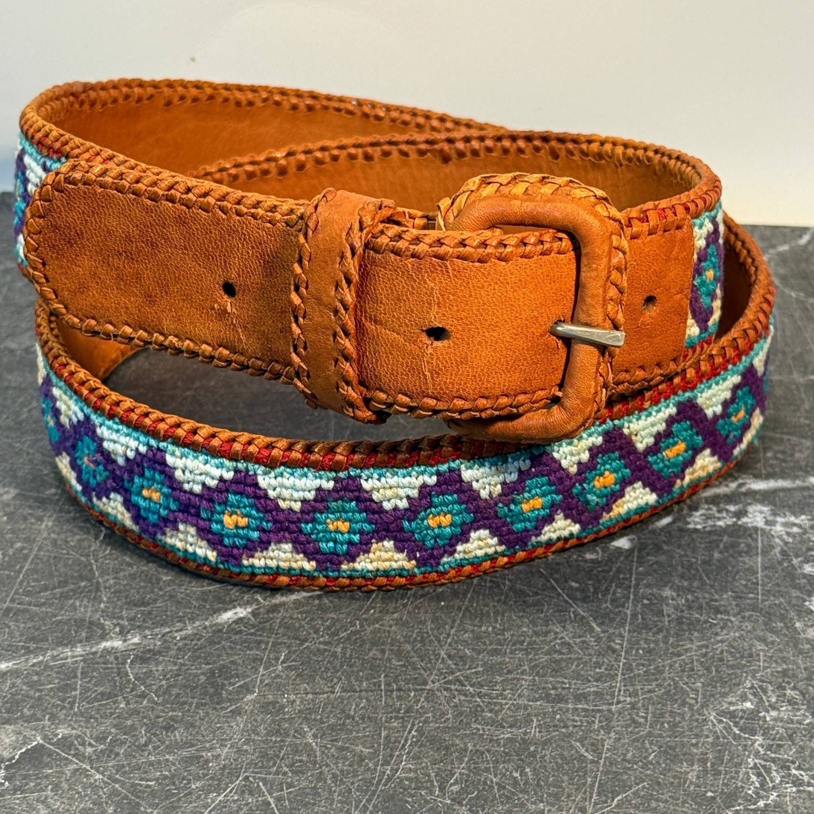Unbranded Vintage Leather Woven Southwestern Belt | Size 34-36 | Brown Multi