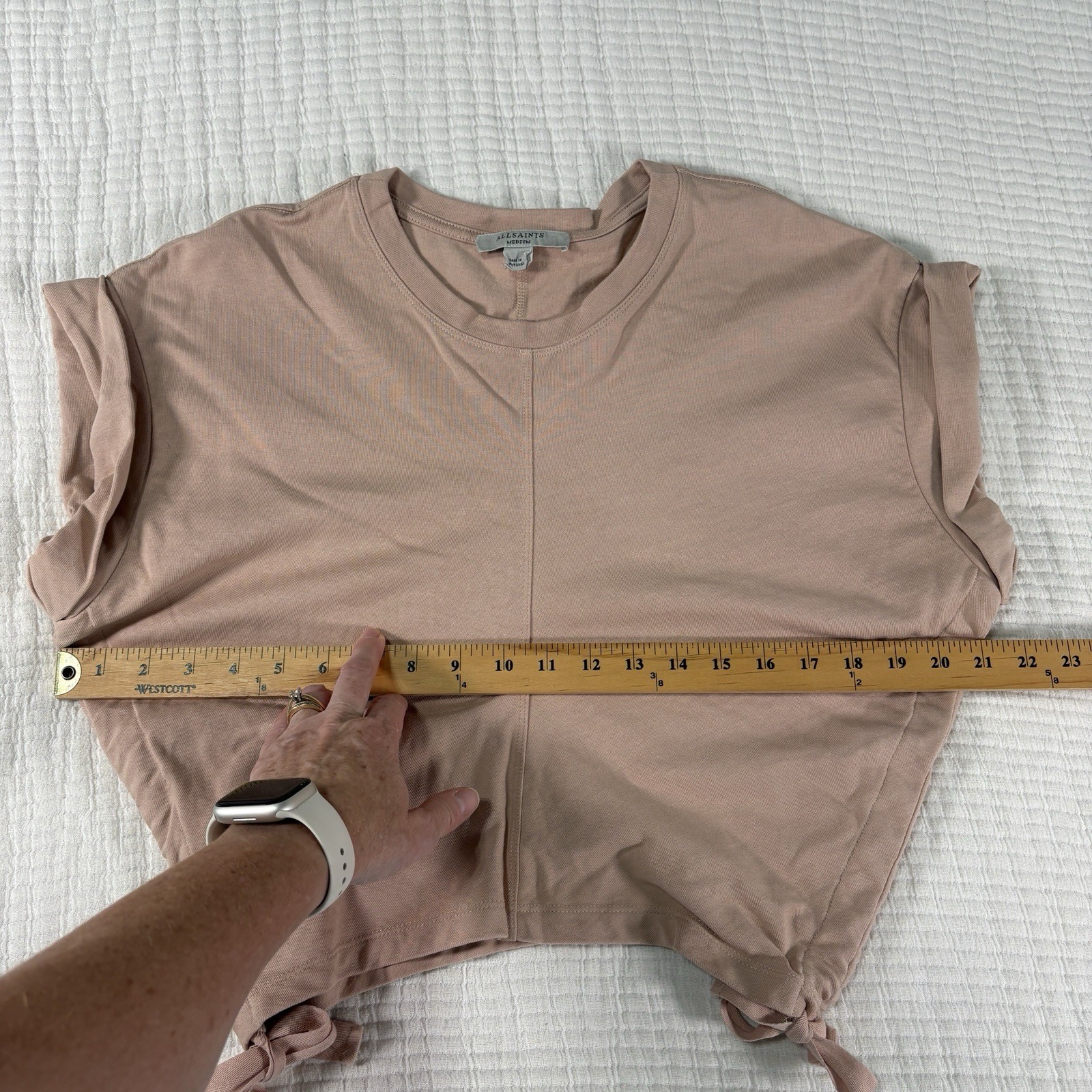 All Saints Shirt Womens Medium Beige Mira Tee Cropped Side Tie Ruched Neutral