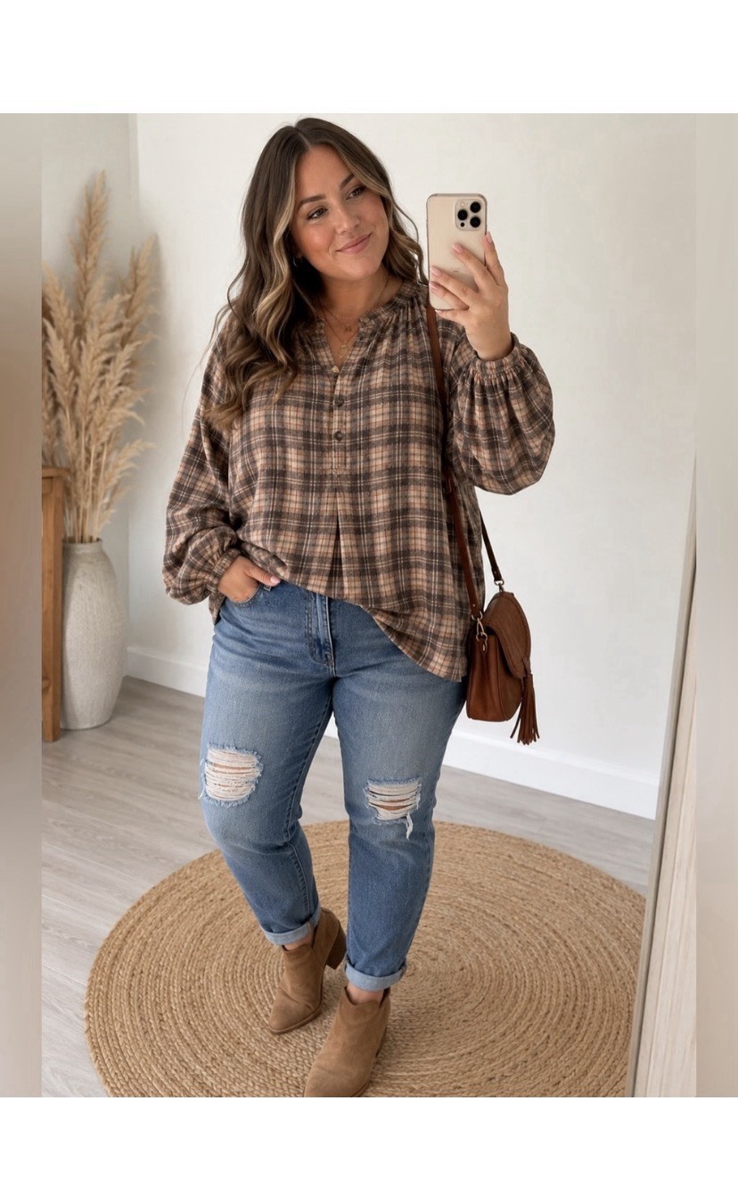 Free People Beige Plaid Oversized Boho Blouse Size Large