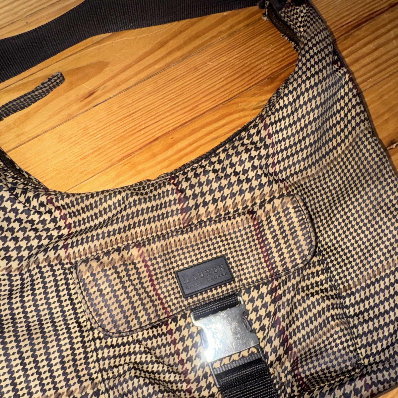 Lauren Ralph Lauren Houndstooth Shoulder Bag Zip Buckle Adjustable Strap Silver