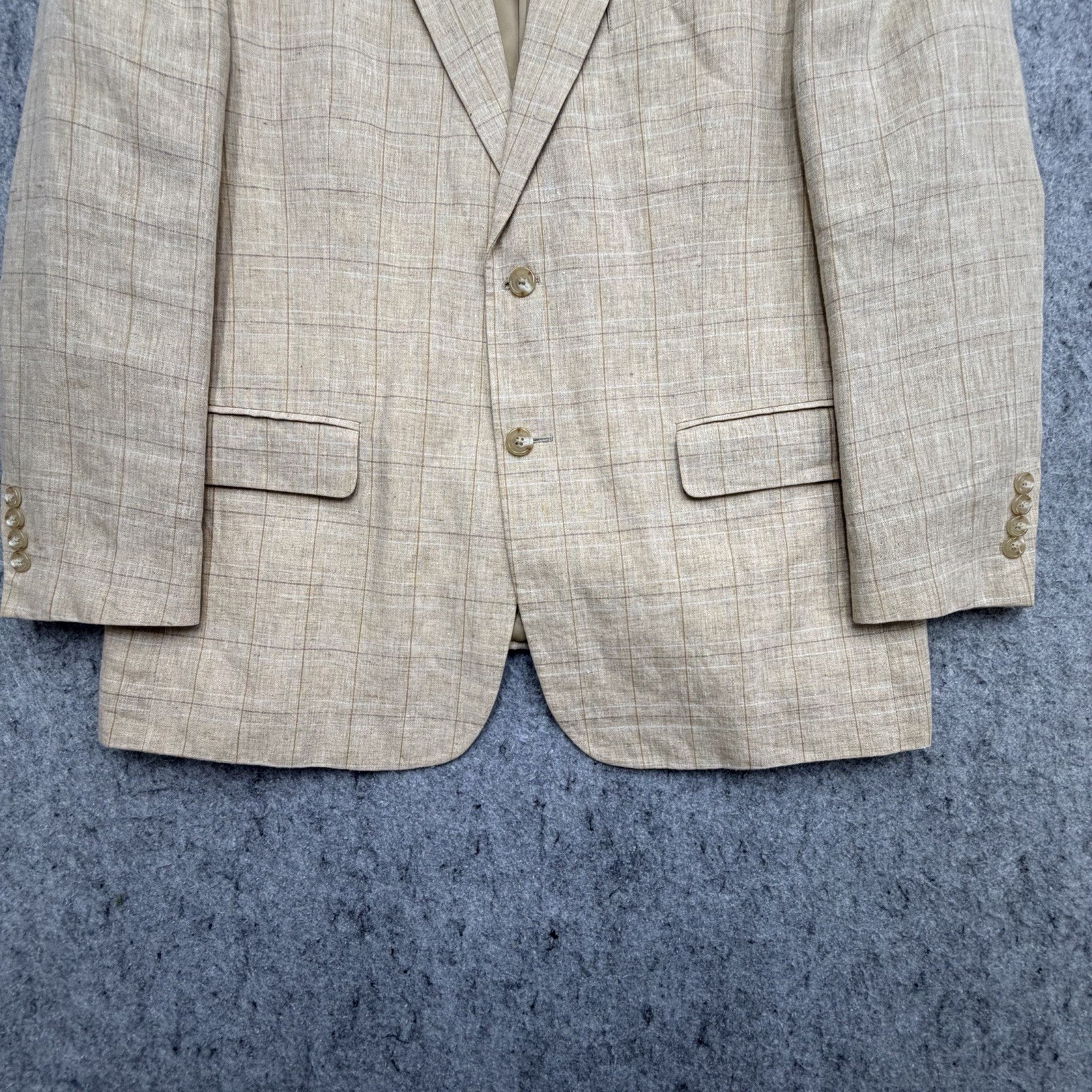 Haspel Blazer 42R Beige Windowpane Plaid 100% Linen 2-Button Sport Coat Jacket
