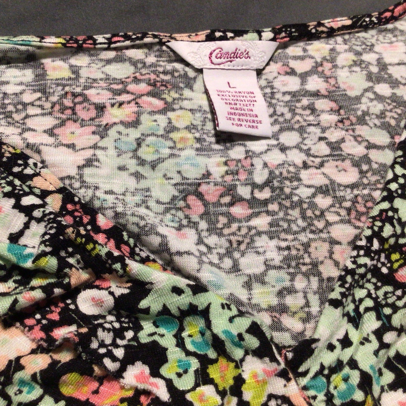 Candies Floral Cap,sleeve Ruffle Front Pullover Shirt L