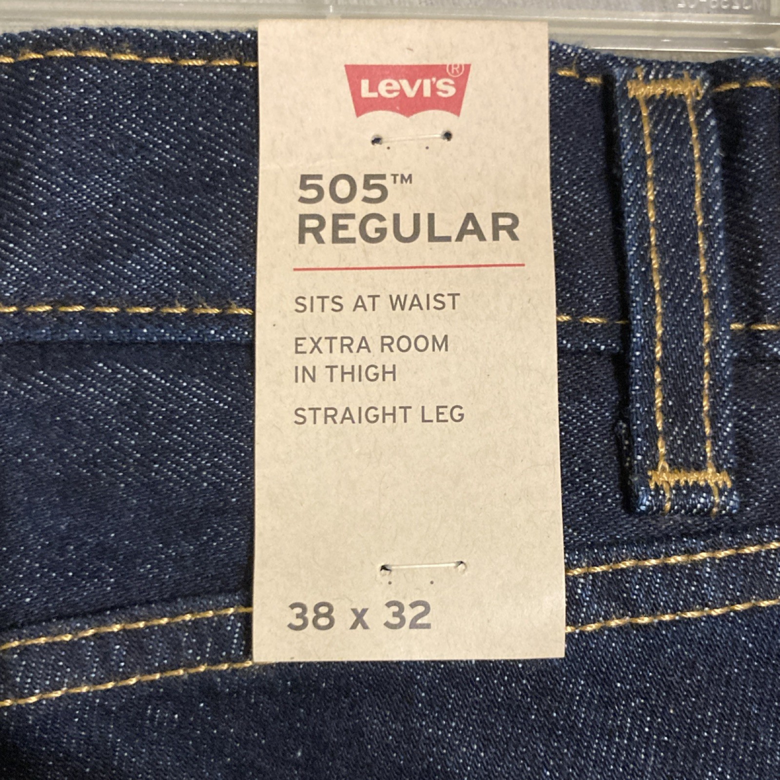 NWT Levi’s 505 Regular Fit Straight Leg Dark Wash Blue Denim Jeans, Cotton 38×32