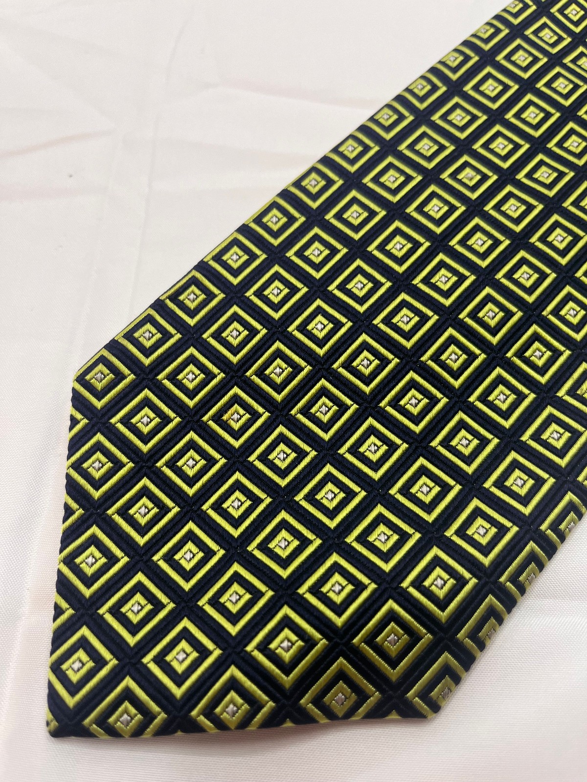Brooks Brothers 346 Pure Silk Tie Navy Lime Green Geometric Squares Woven USA