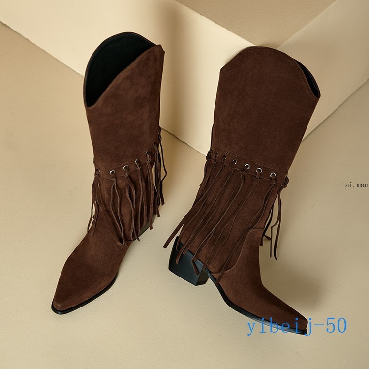 Women Tassel Mid Calf Boot Velvet Western Cowgirl Shoes Dress Formal Fall Winter