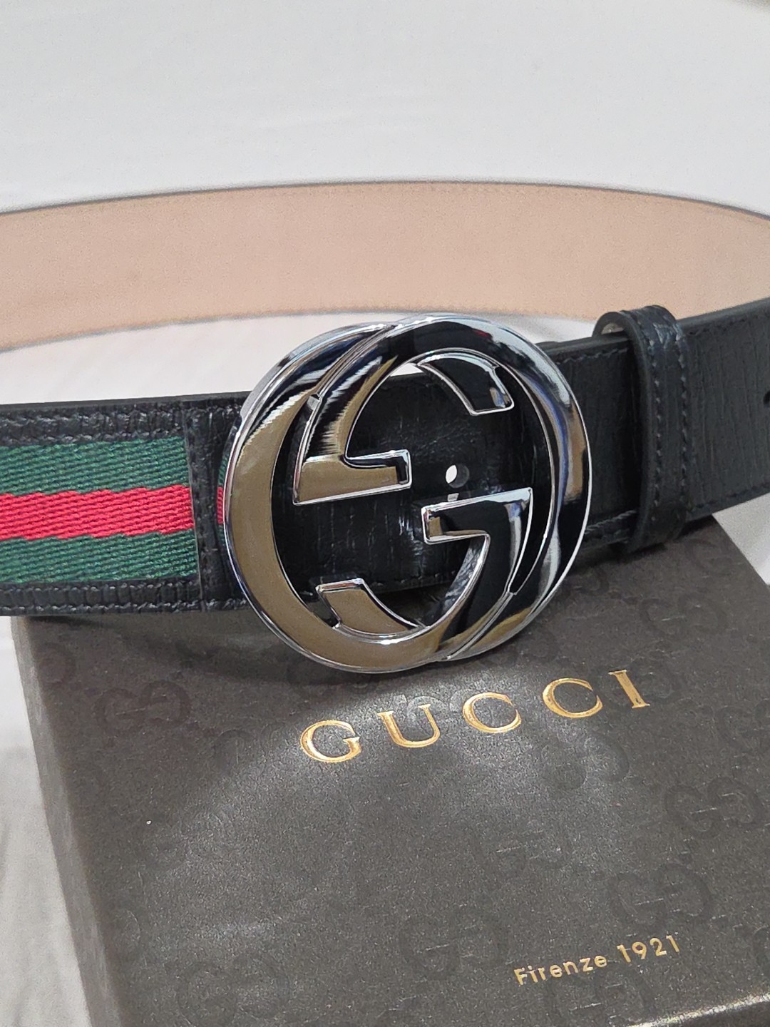 Authentic Gucci Black Green And Red Striped Belt Silver GG 30-32 IT 90CM