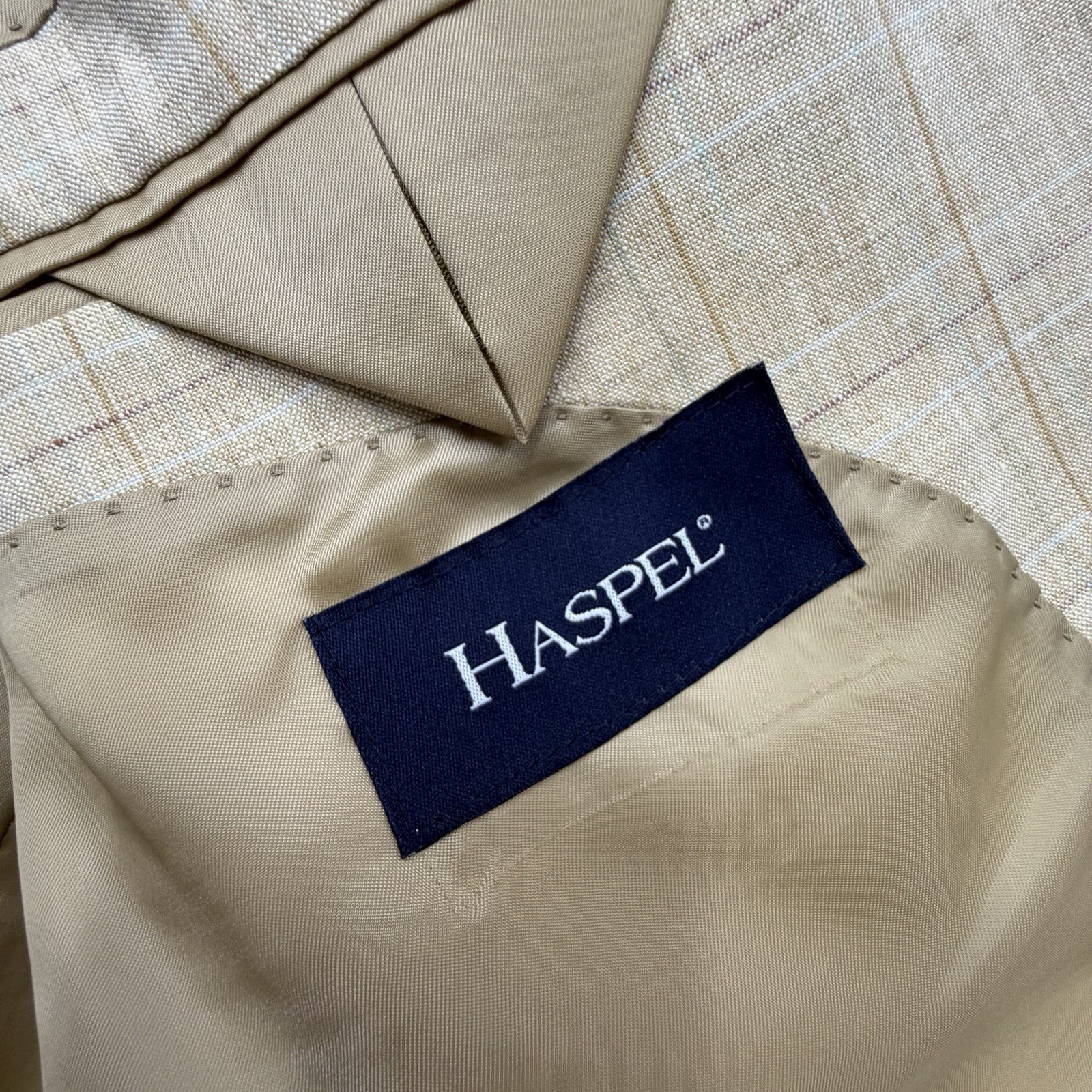 Haspel Blazer 42R Beige Windowpane Plaid 100% Linen 2-Button Sport Coat Jacket