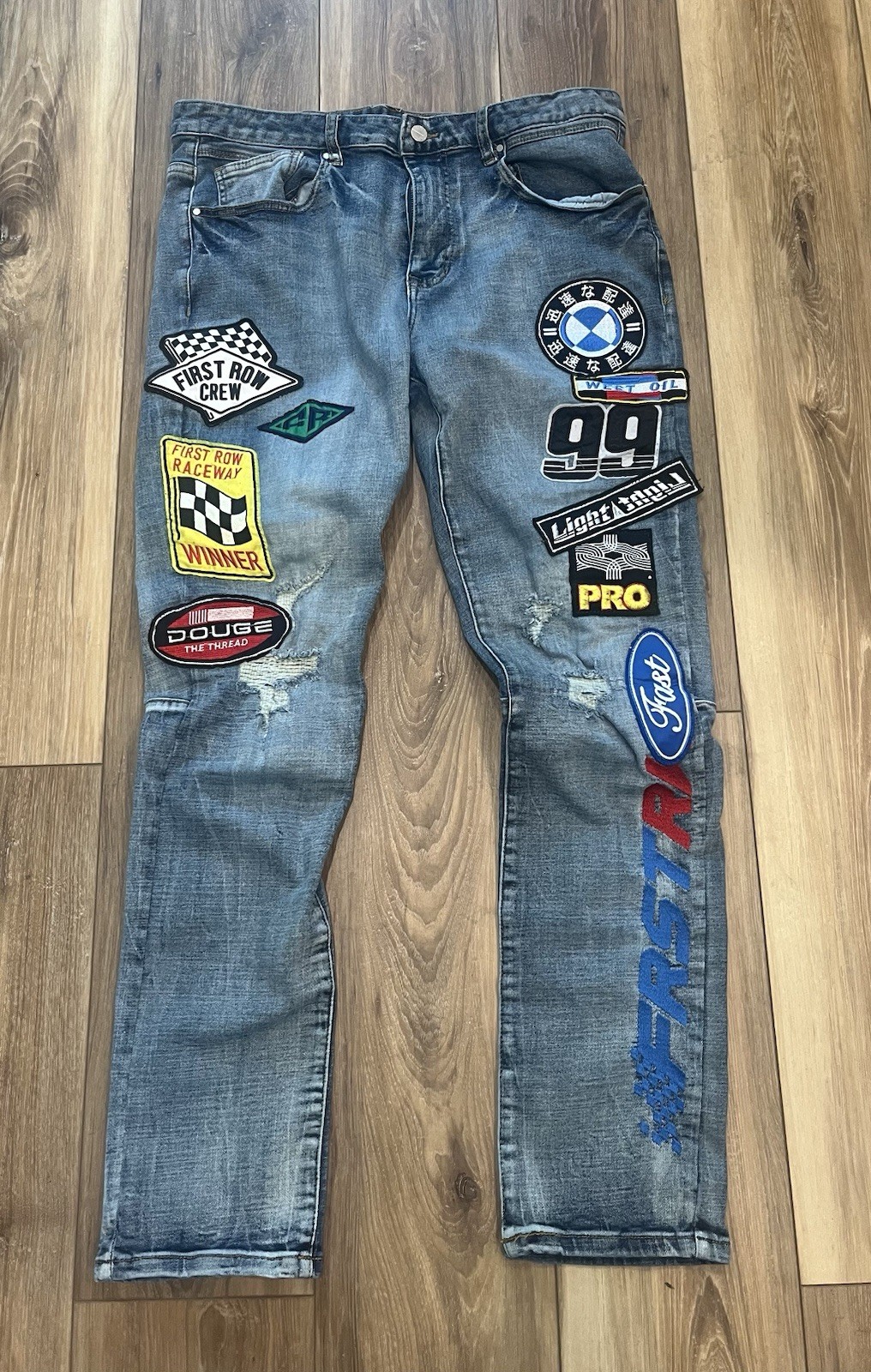 First Row Men’s Slim Fit Stylish Distressed Racing Jeans W/ Patches Size 36×32