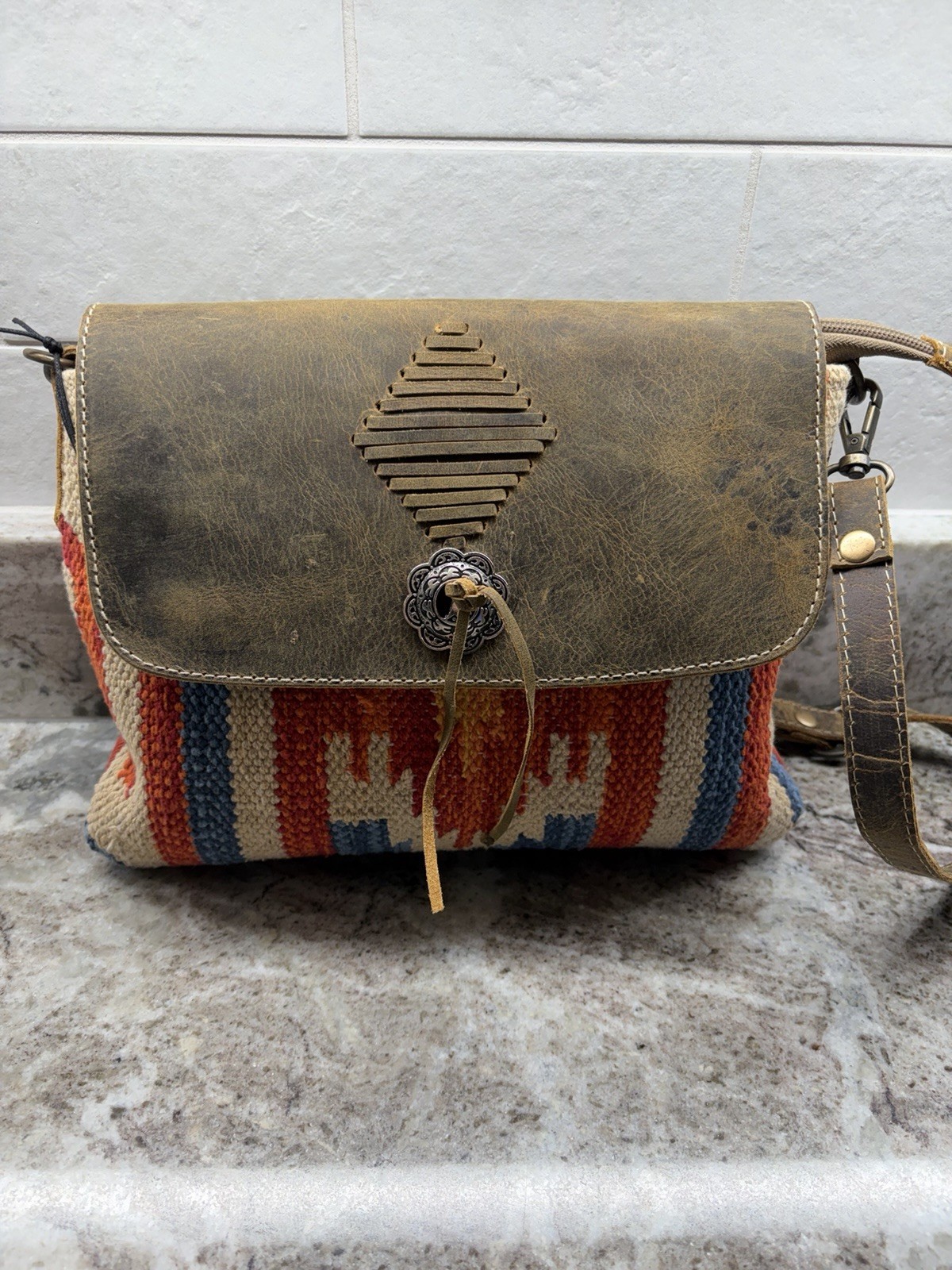 Boho Geometric Distressed Crossbody Bag Brown/Multicolor Snap Tassel Silver