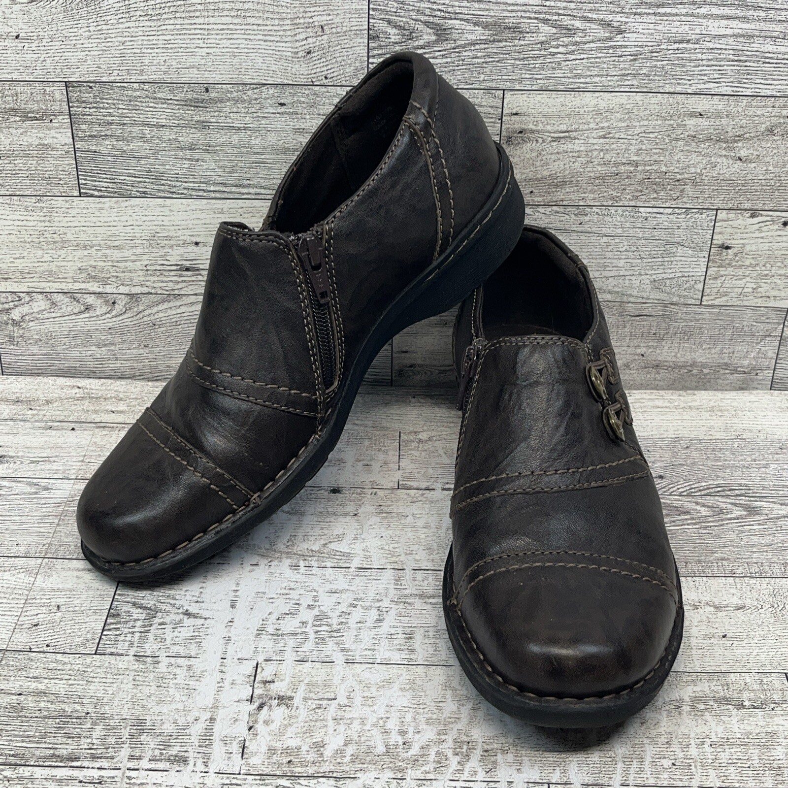 Clarks Collection Shoes Women’s 7M Casual Slip On Loafers Brown Leather Side Zip