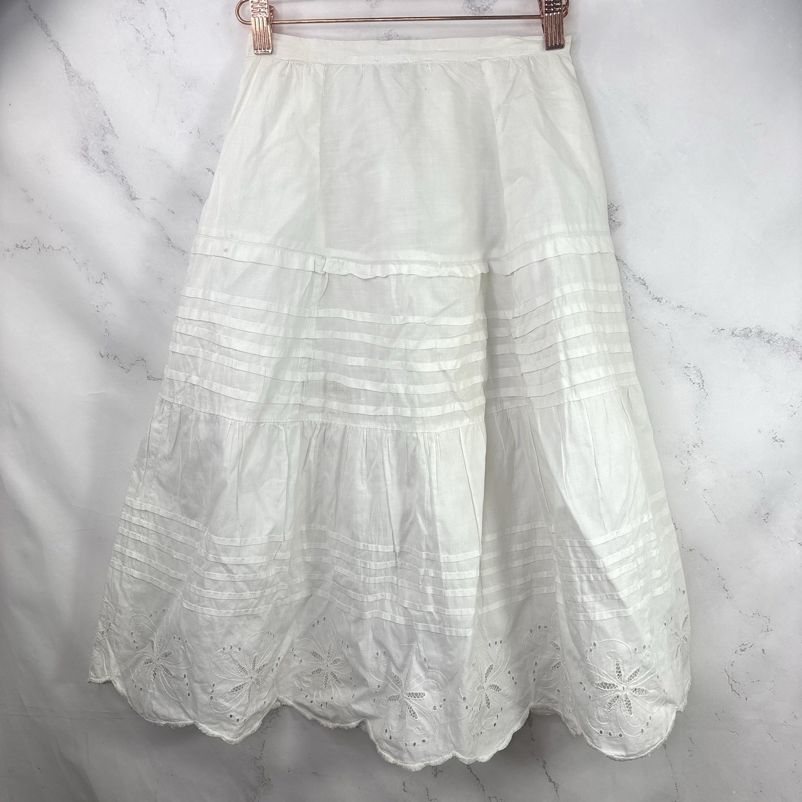 Antique 1900s Edwardian White Cotton Lawn Petticoat Skirt Hook Eye Victorian XS