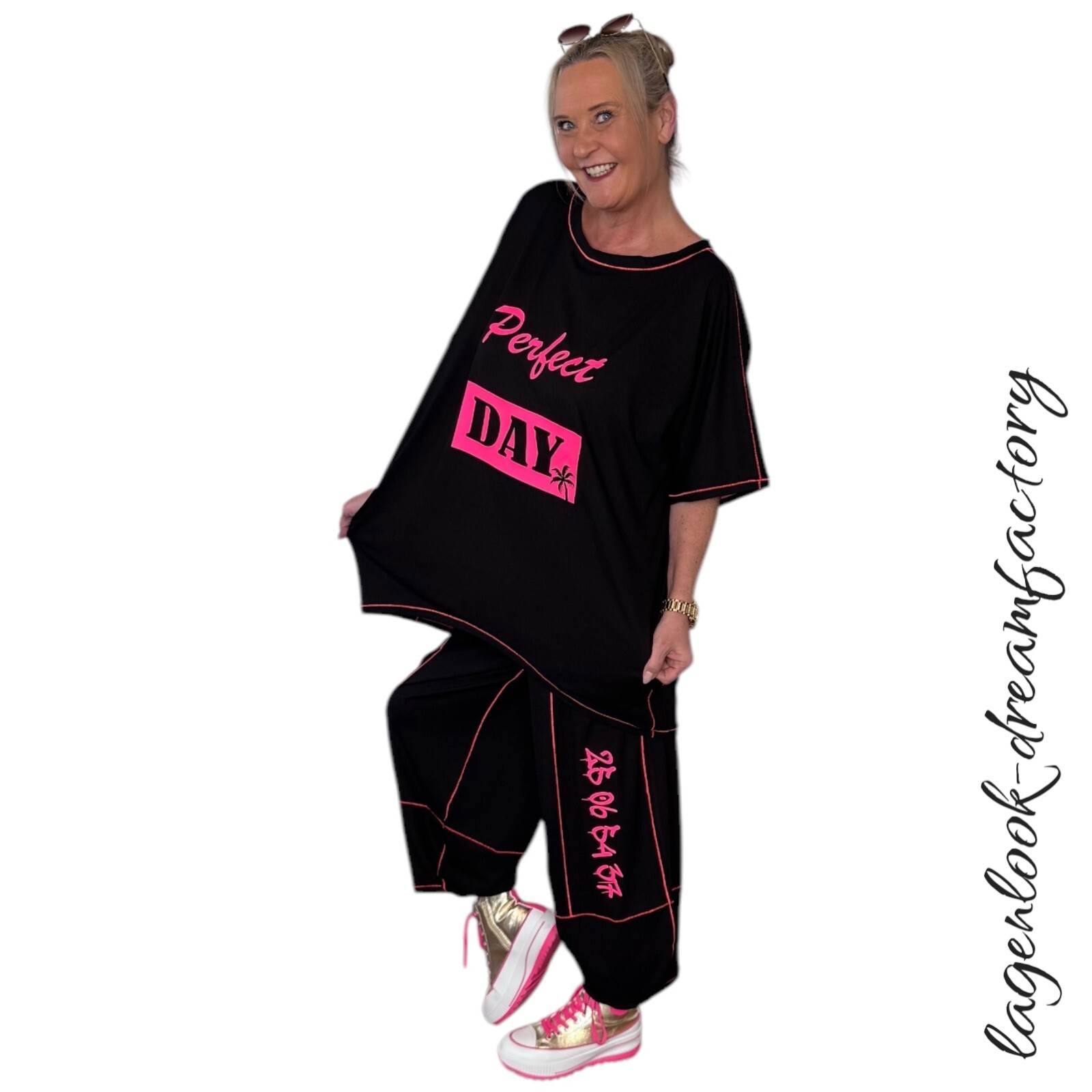 Lagenlook Balloon Jersey Jumper Short Sleeve Black Neon Pink 44 46 48 50 52 54 56 58
