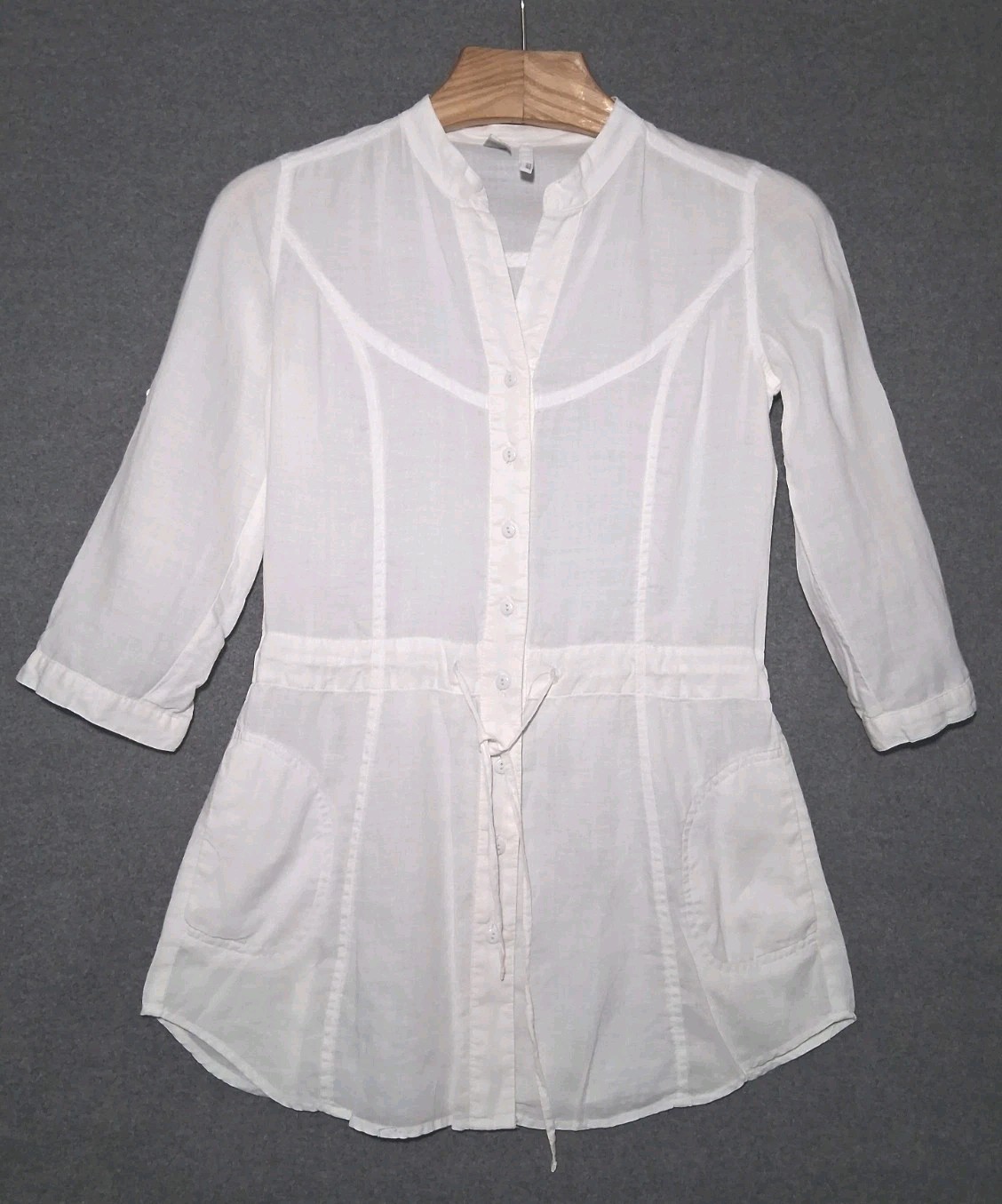 MNG Basics Womens Shirt XS White 100% Ramie Button Up Roll Tab Sleeve Drawstring