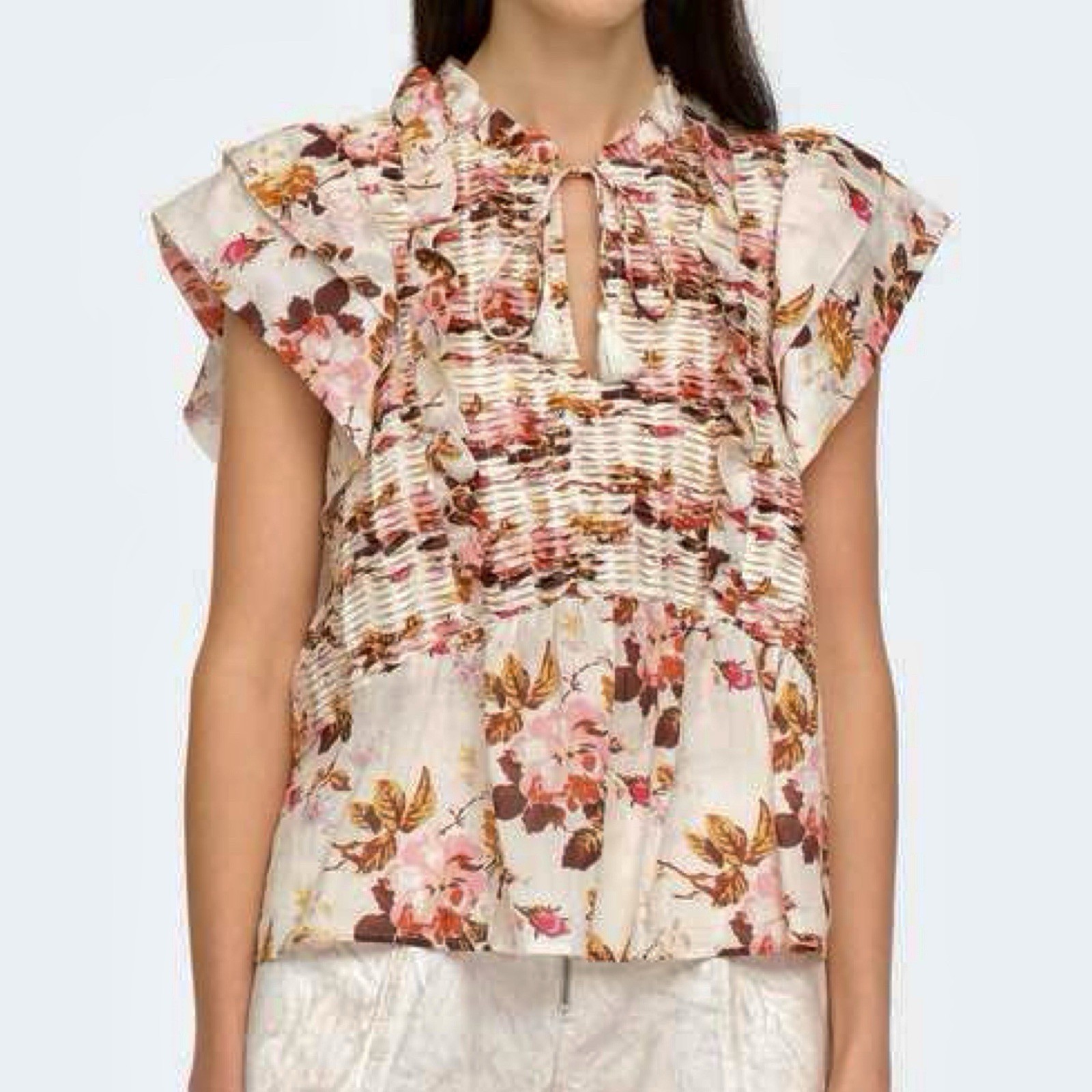 Sea New York Large Floral Ruffled Cap Sleeve Pleated Tasseled Esme Blouse Top