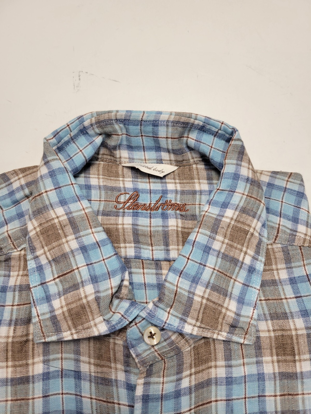 $285 New STENSTROMS Plaid Check Button LINEN SHIRT Men MEDIUM Blue Brown Fitted