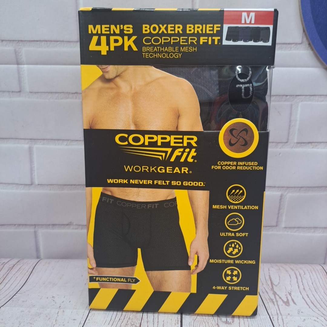 4PK Copper Fit Mens Performance Workgear Boxer Briefs MED 32-34 Copper Infused