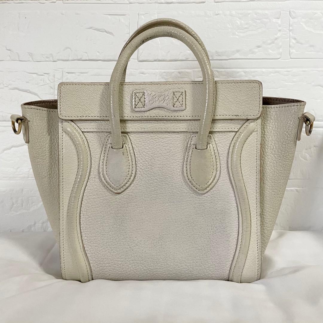 Celine Luggage Nano Shopper Handbag Drummed Calfskin White 7.87 With Strap