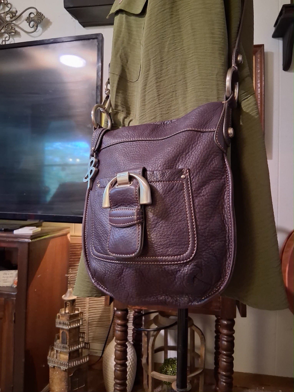 B. Makowsky Purple Soft Pebbled Leather Crossbody Animal Lining w Charm Silver