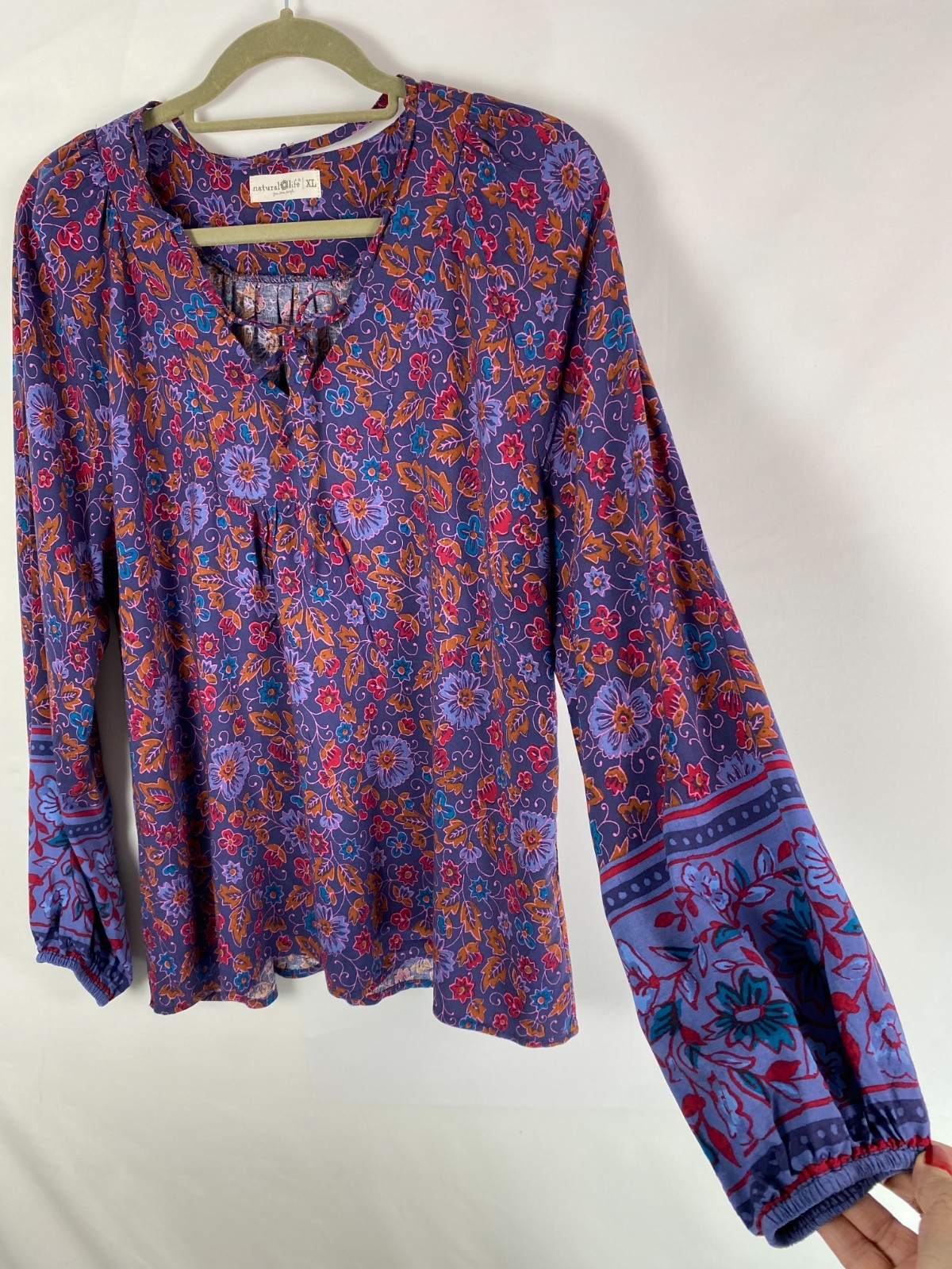 Natural Life Floral Multicolor V Neck with Ties Bell Sleeves Top Sz XL Peasant