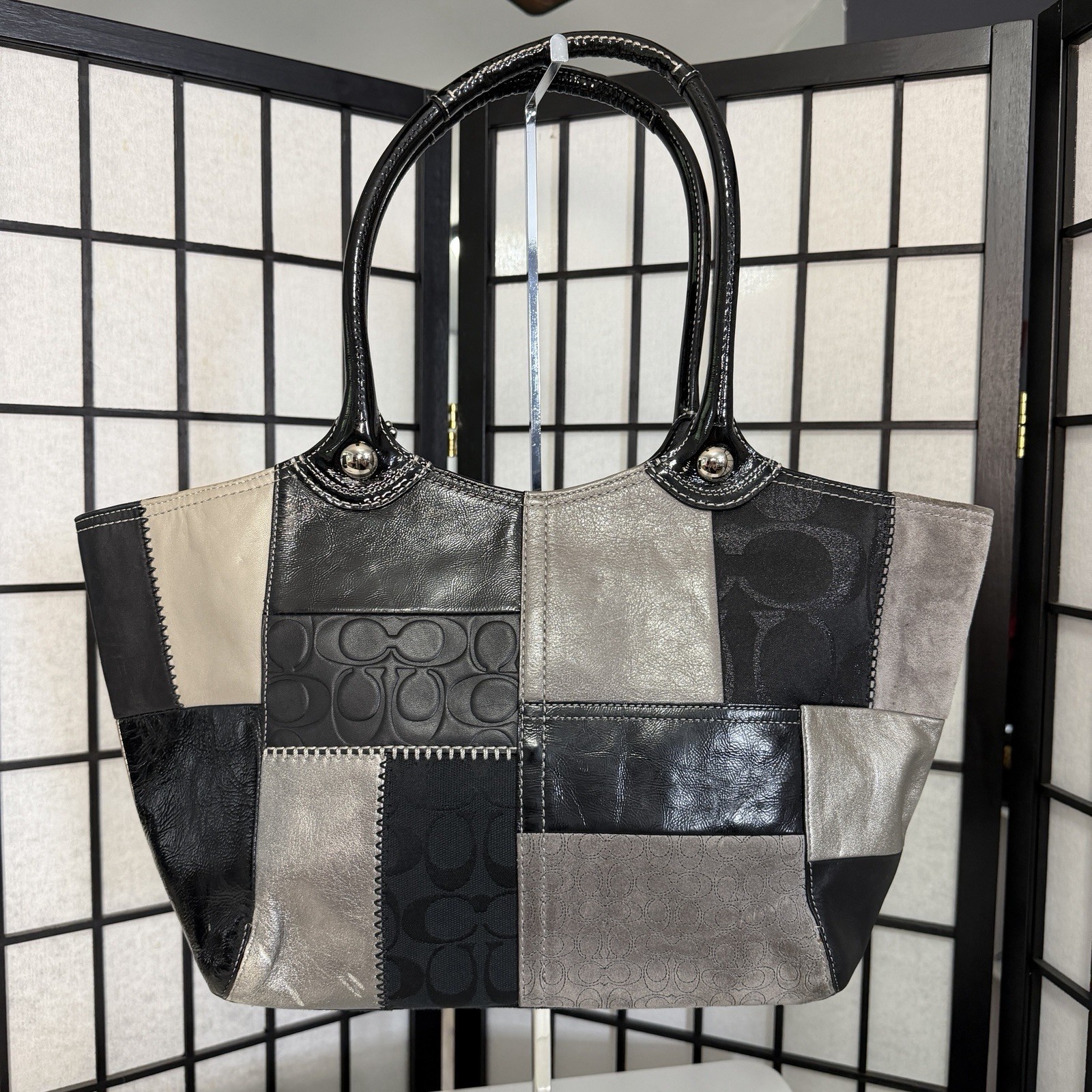 VintagCoach Bleecker Patchwork Tote F14045 Black Silver Pewter Signature Y2K Bag