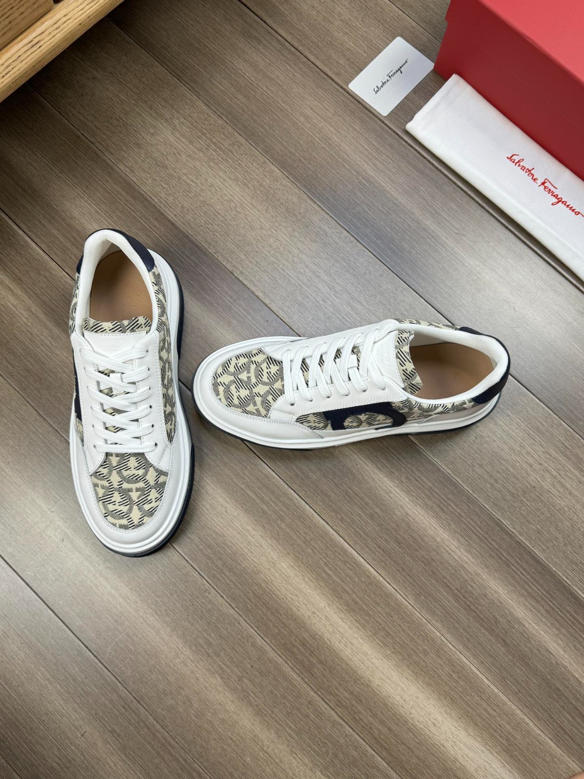 Salvatore Ferragamo White Navy Monogram Gancini Canvas Leather Sneakers Shoes