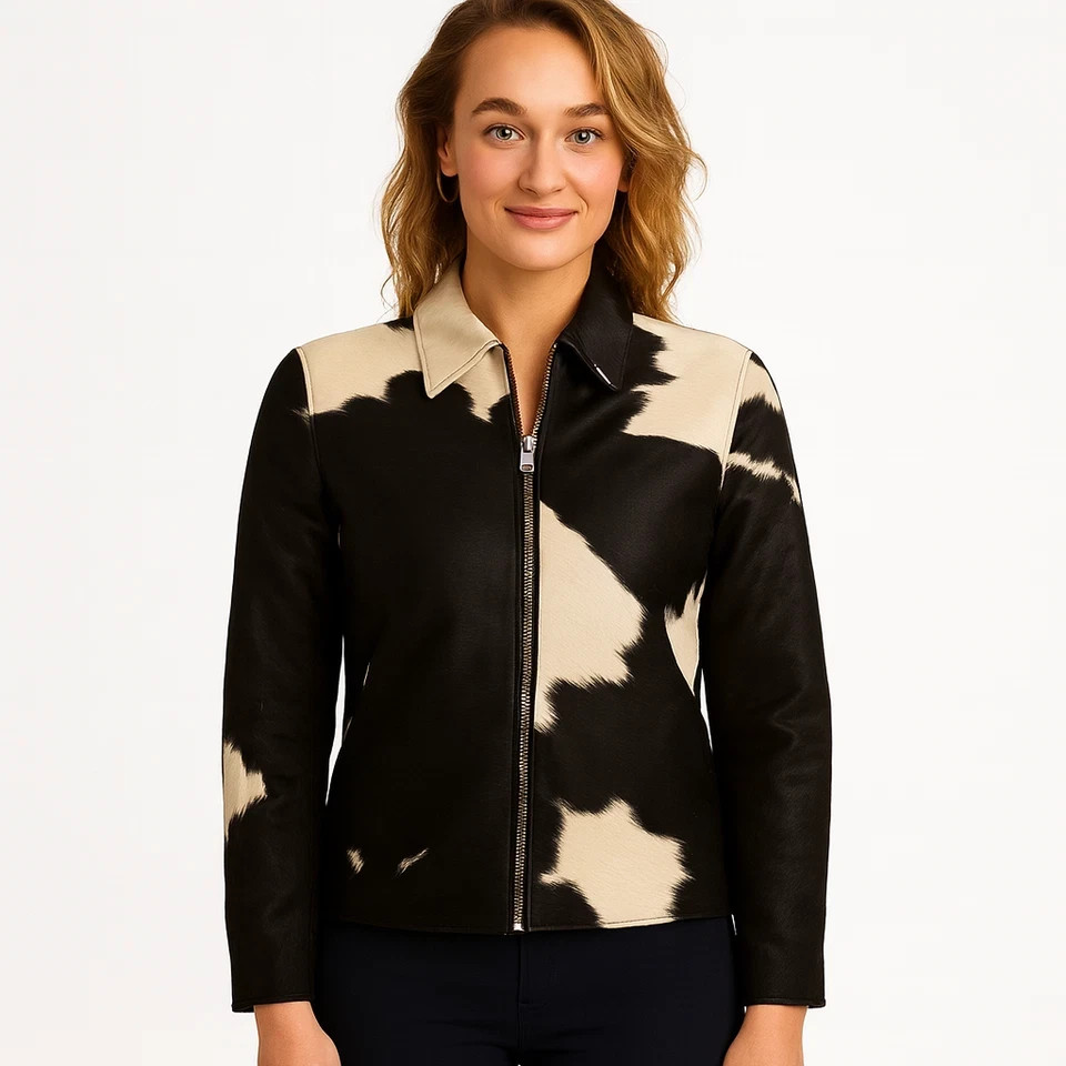 Genuine Hair On Cowhide Leather Jacket Women Handmade Black White Brown