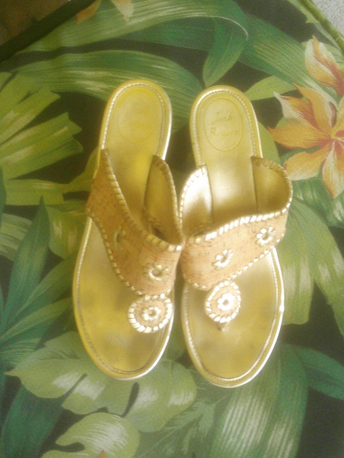 JACK ROGERS Marbella Gold Leather Cork Wedge Style Sandals 3″ Heel Sz 9.5 GUC