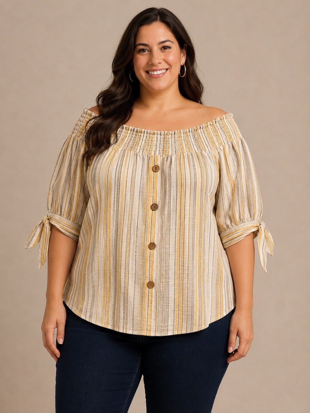 Unique Spectrum Womens striped cotton scoop elastic neck s/sleeve w ties Blouse