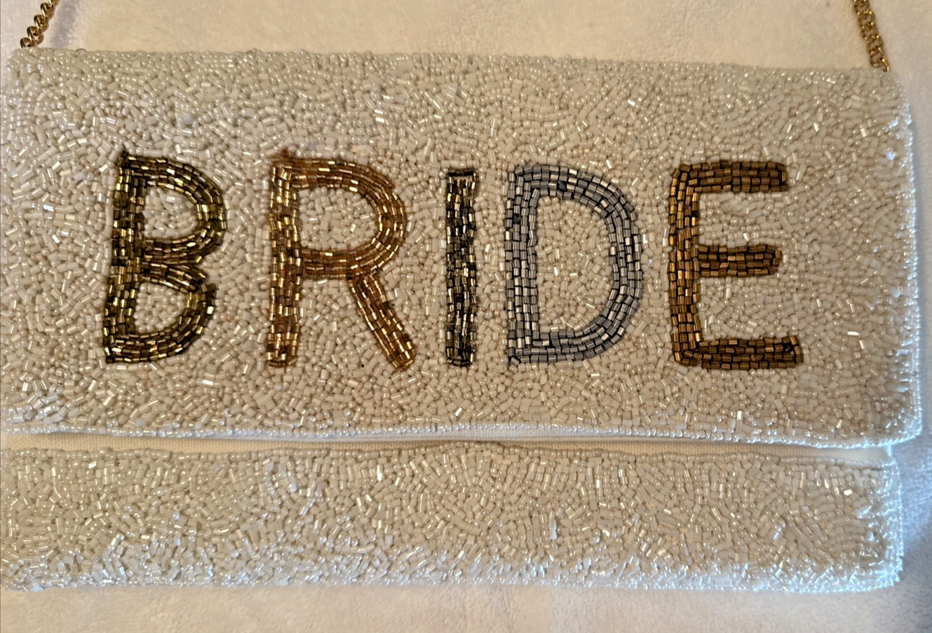 Bride Clutch Embroidered Glass Beaded Gold Tone Chain Strap Classy Elegant