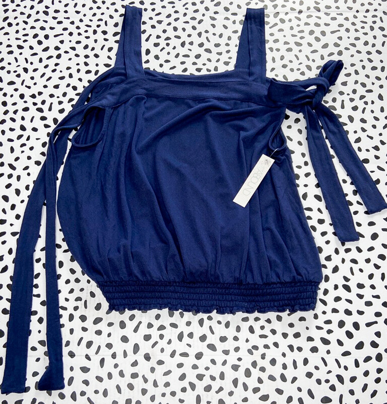 NEW NWT ABOUND TIE STRAP COLD SHOULDER NAVY BLUE ELASTIC TRIM BUBBLE TOP SZ L