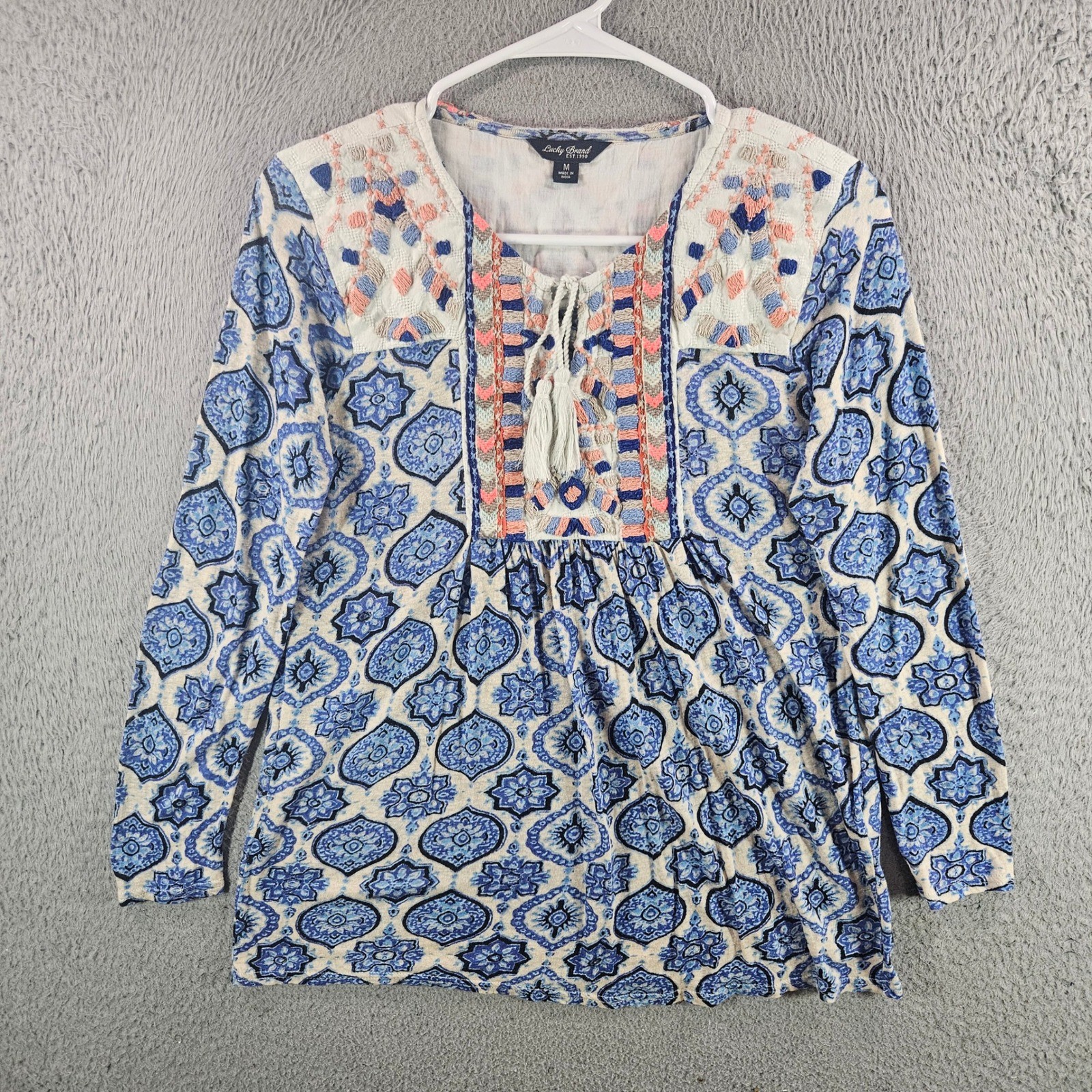 Lucky Brand Blue Tile Print Embroidered Peasant Blouse Tassel Top Womens Medium