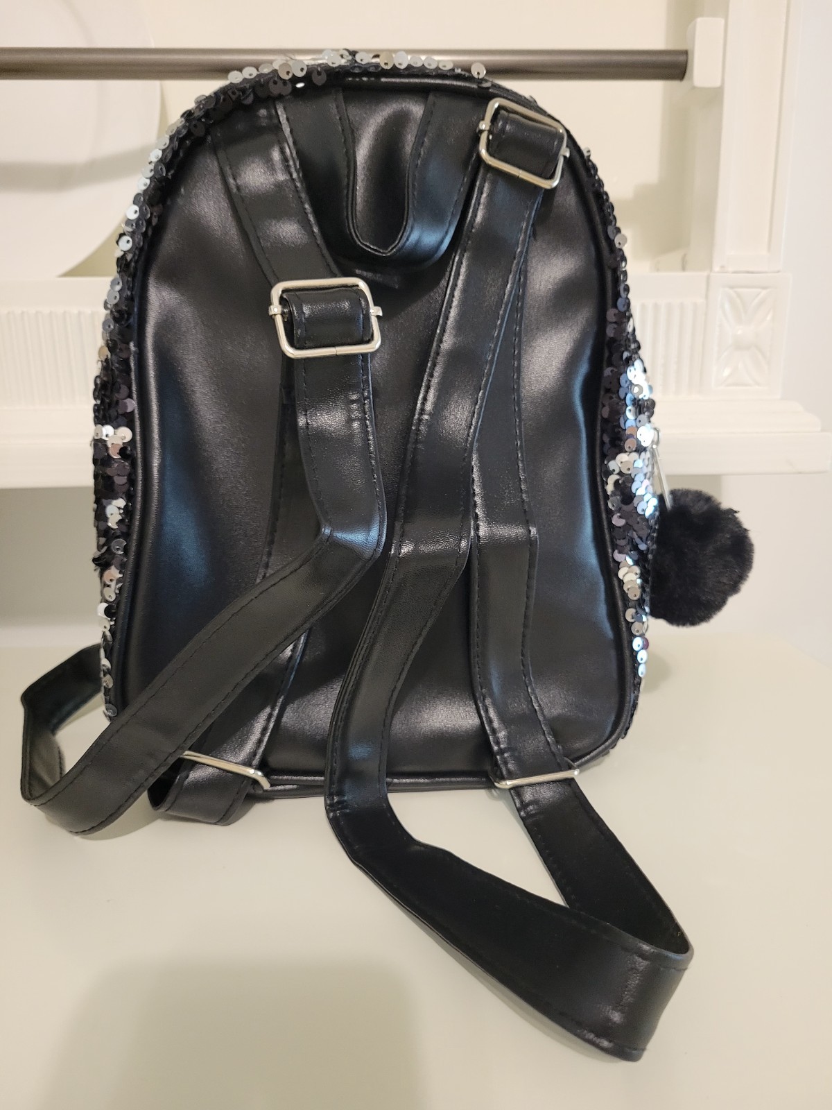 Girls Mini Cat Backpack Black Sequin Faux Fur Zip Closure Adjustable Strap