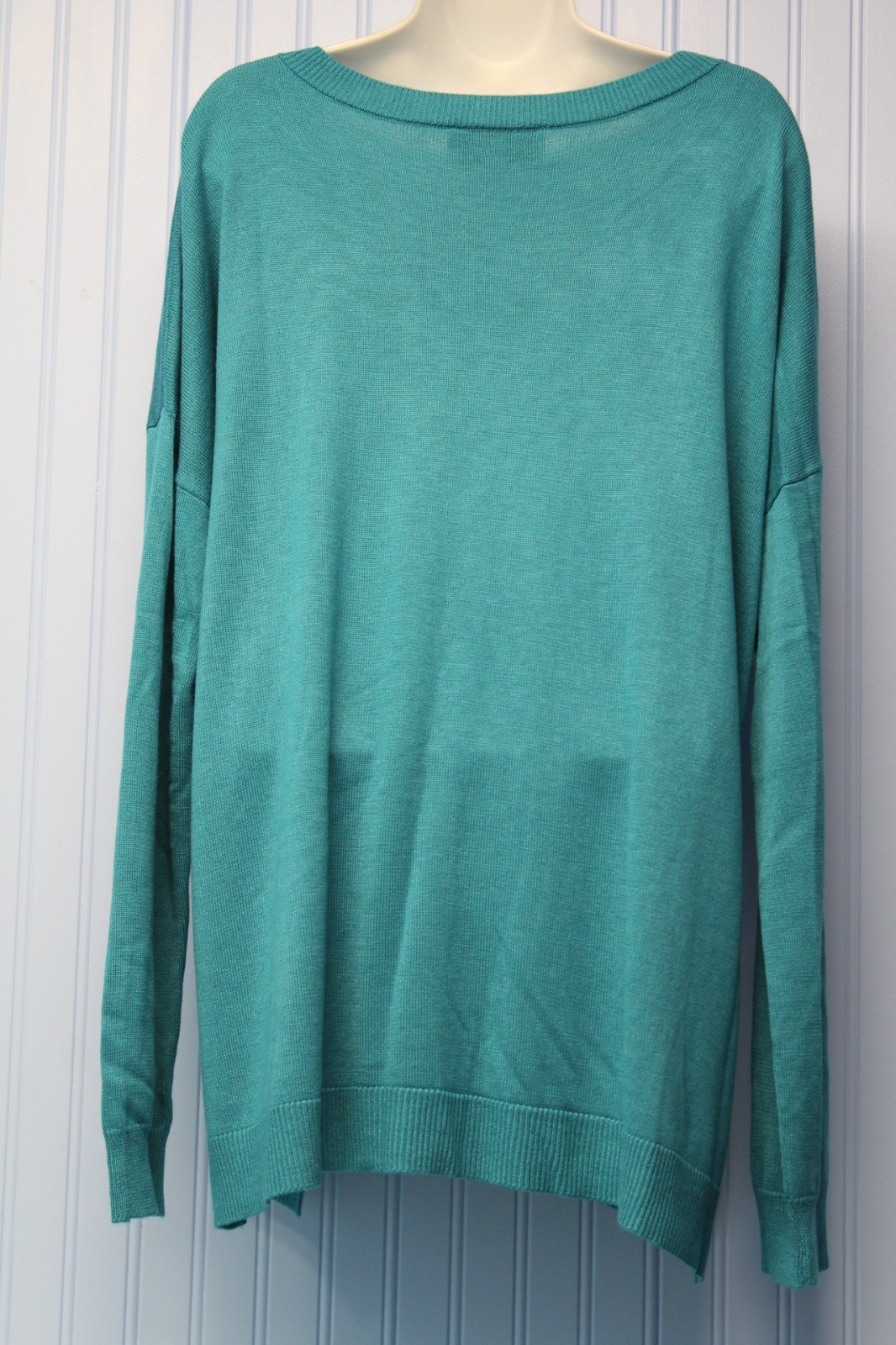 Laurie Felt teal cashmere blend large daisy print v neck l/s pullover sweater XL