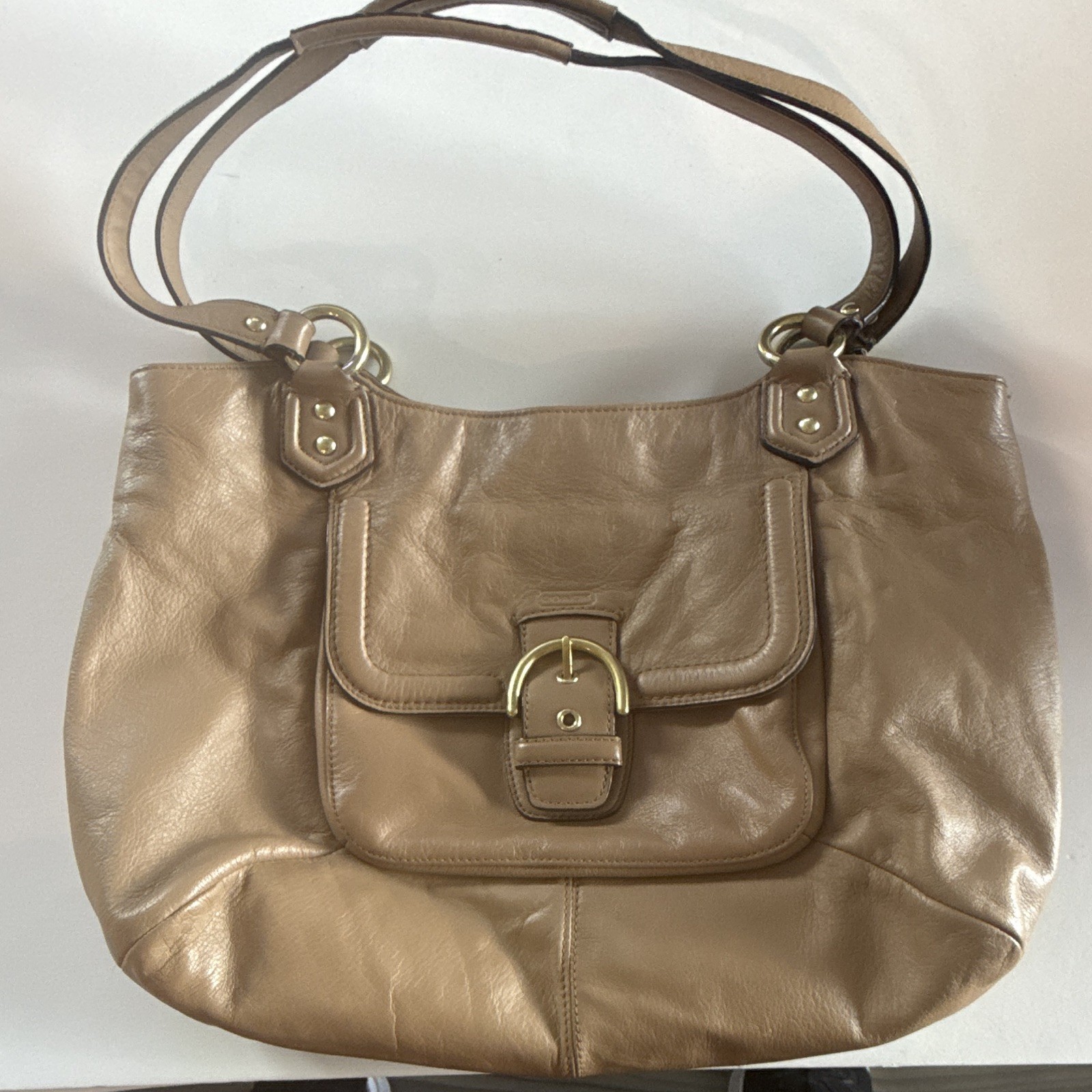 Coach Brown Shoulder Bag Buckle Accent Magnetic Closure Inner Pockets Gold HW